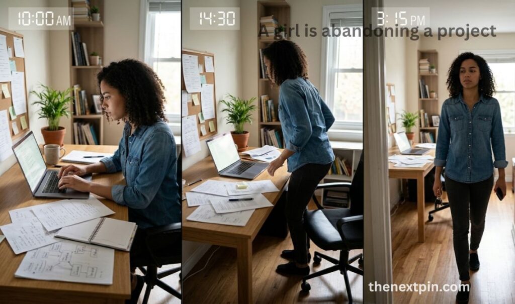 A girl is abandoning a project and walking away.