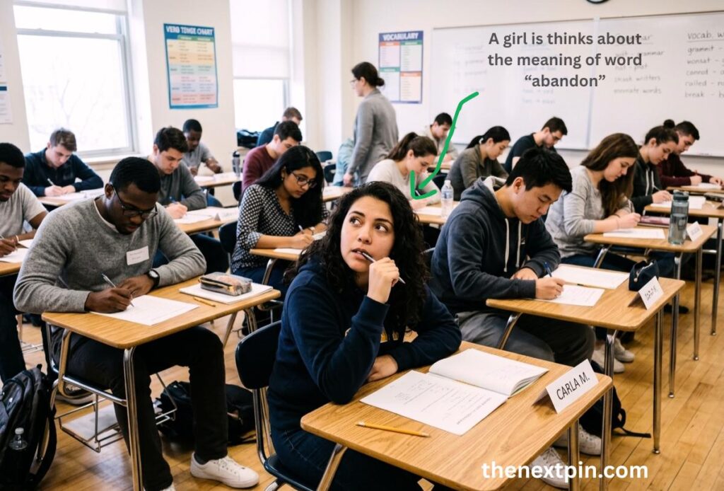 In the classroom, one student is thinking about the meaning of "abandon."
