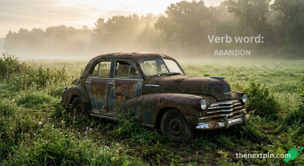 A realistic photo of an abandoned vintage car representing the word "abandon" for English / IELTS vocabulary.