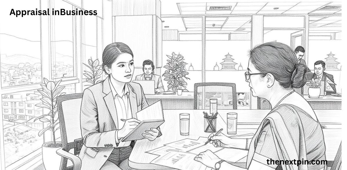 "Performance appraisal meeting in a professional bank office illustrating the business English vocabulary word 'appraisal' for job interviews, career growth, and IELTS preparation."