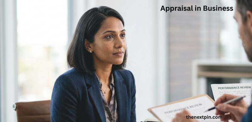 "Realistic close-up of an employee during a performance appraisal meeting for learning the English vocabulary word 'appraisal' in a business context."