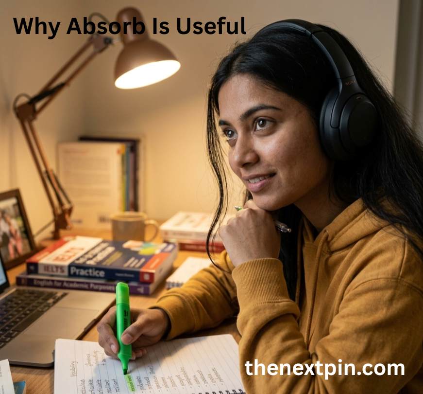 Realistic scene of a student absorbing new English vocabulary and information – useful verb 'absorb' for daily learning and IELTS speaking practice.