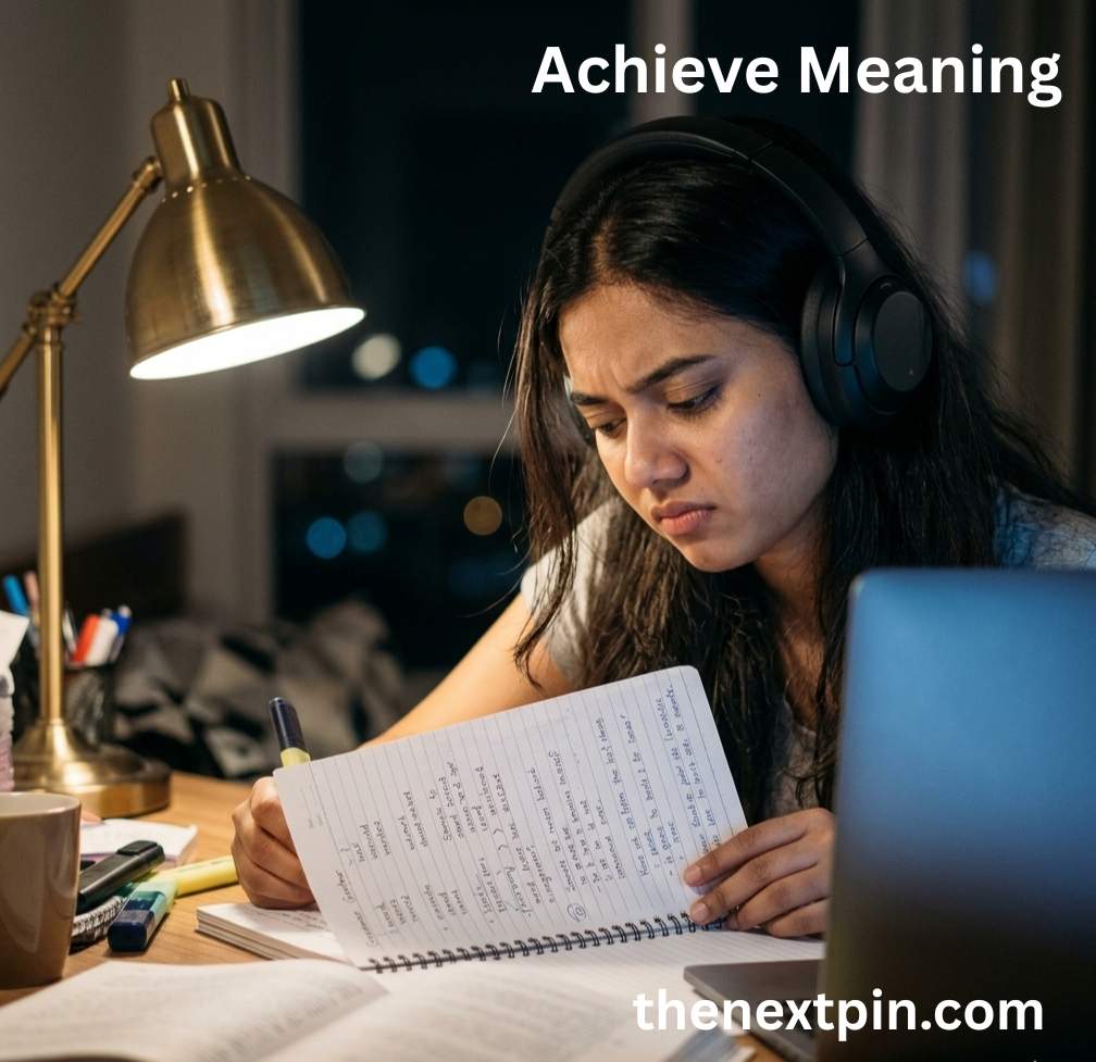 Realistic struggle of trying to achieve English fluency through daily practice – explanation of the verb 'achieve' with synonyms and Nepali meaning