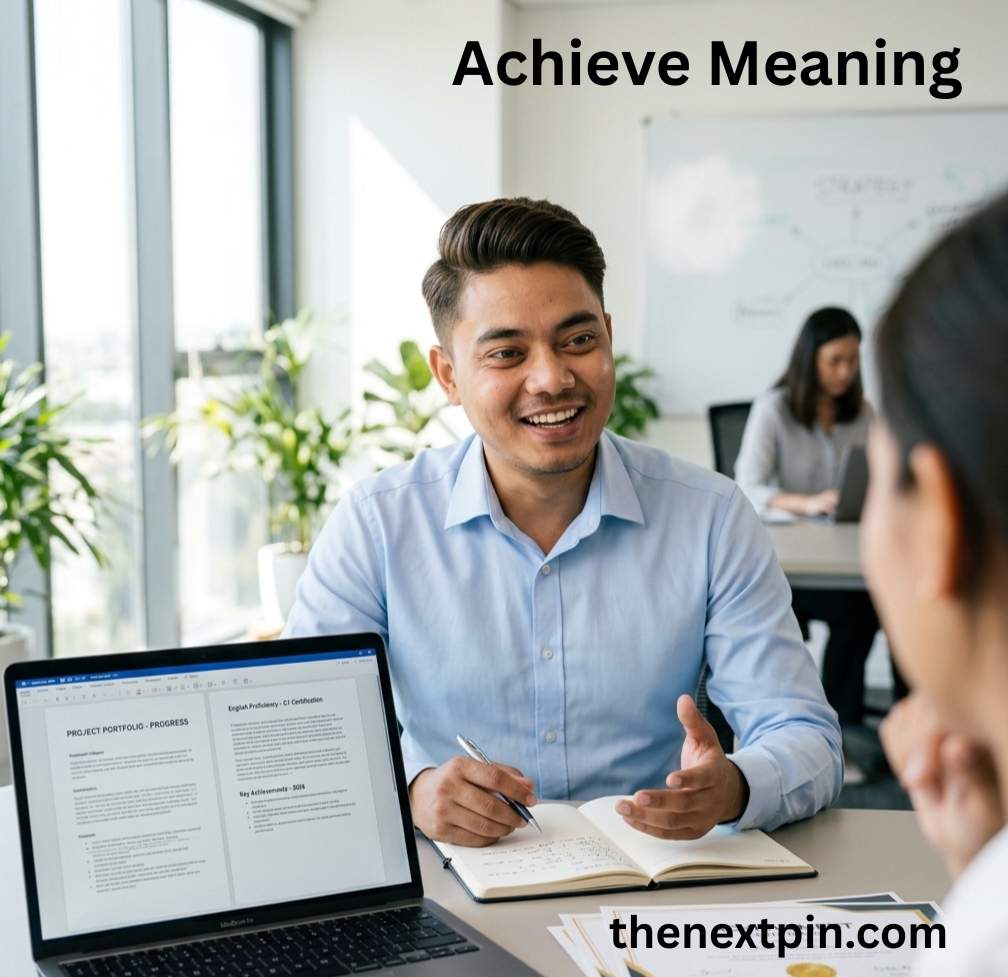 Real-life example of achieving a better job through consistent English practice – synonyms, antonyms, and Nepali translation of the verb 'achieve'