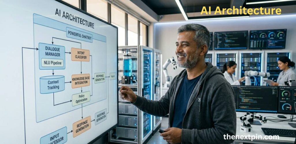 Real-world example of AI architecture in action for chatbot and tech applications – simple explanation for English learners preparing for AI jobs and IELTS