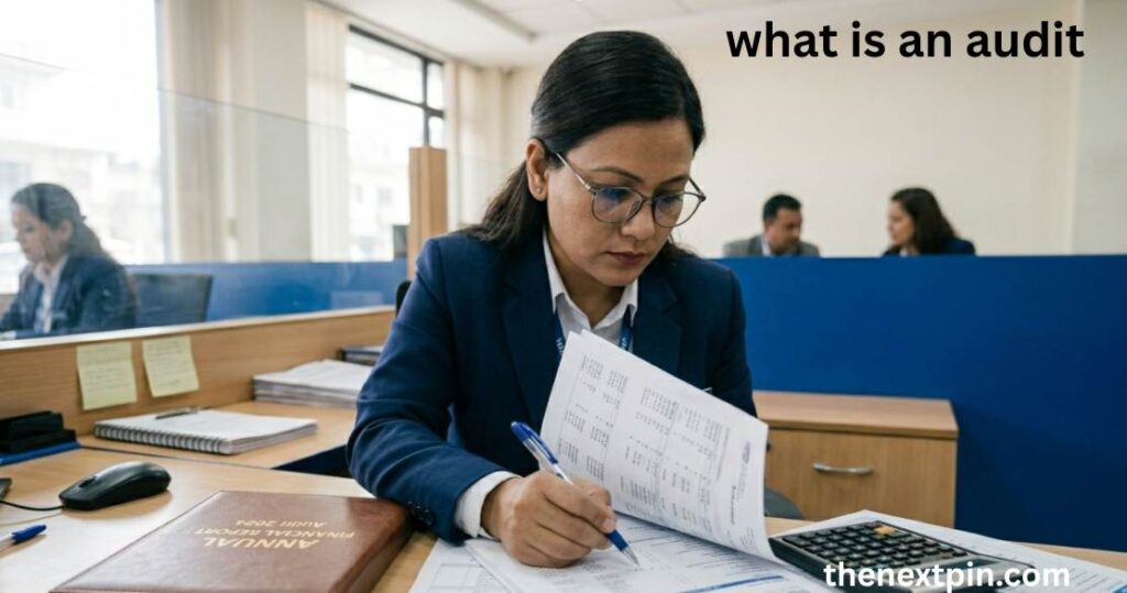 Realistic close-up of an auditor reviewing financial documents – simple explanation of audit meaning for finance and investing English vocabulary