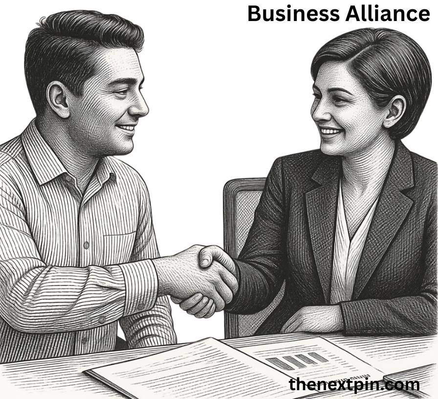 Realistic business alliance and strategic partnership handshake – simple explanation of 'alliance' meaning with examples for English learners and IELTS preparation.