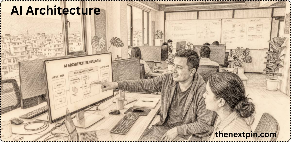 What is AI Architecture? Simple visual explanation with real diagram for tech jobs, AI vocabulary, and IELTS speaking practice on thenextpin.com