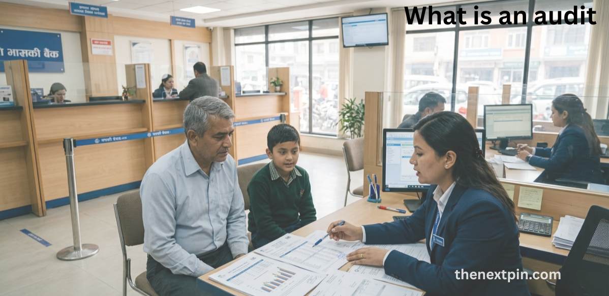 What is an audit? Easy explanation with real bank loan example for finance vocabulary, job interviews, and IELTS preparation on thenextpin.com