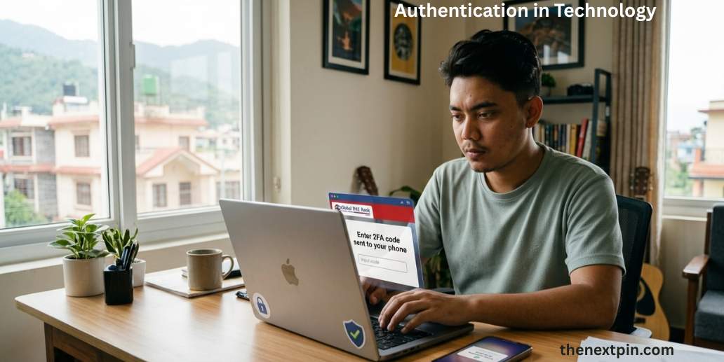 Authentication in Technology meaning with real examples – 2FA, biometric authentication explained for tech vocabulary, online security, IELTS speaking, and job interviews